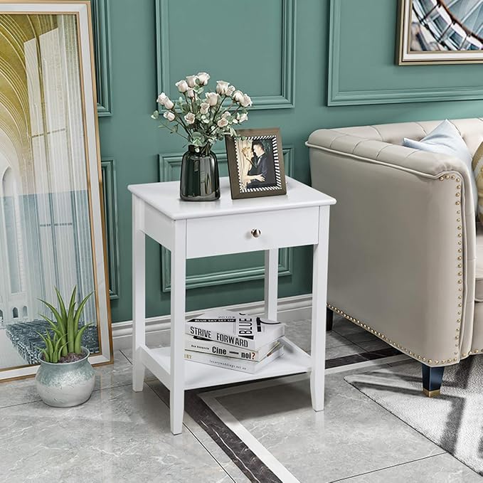 Giantex Nightstand Wooden 2-Tier Couch Sofa Side Table with Drawer, Storage Shelf, Solid Wood Legs,Mufti-Functional Home Furniture for Living Room Bedroom Study Room End Table (2, White)