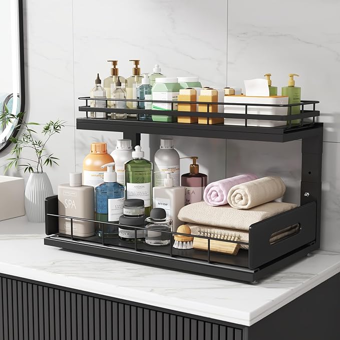 2 Pack 18 IN Depth Under Sink Organizer with Smooth Ball Bearing Slides,2-Tier Pull Out Cabinet Storage,Slide Out Drawers for Bathroom&Kitchen,Rust-resistant Coating,Height Adjustable-Black-NeatNest