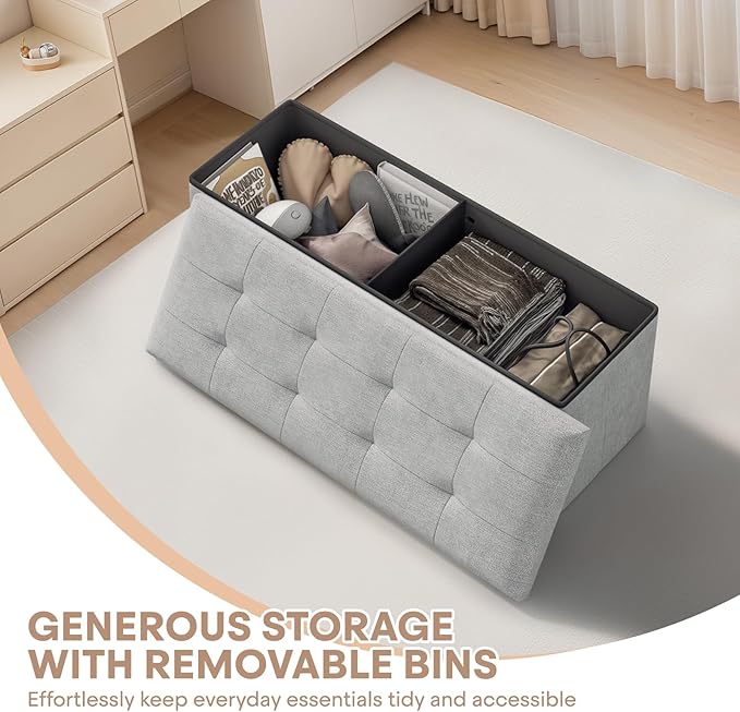 Ottoman Folding Storage Bench, 43x15x15 Inch, Foot Rest Stool for Living Room, Bedroom, Entryway, End of Bed - Multi-Functional Ottoman with Storage Light Gray