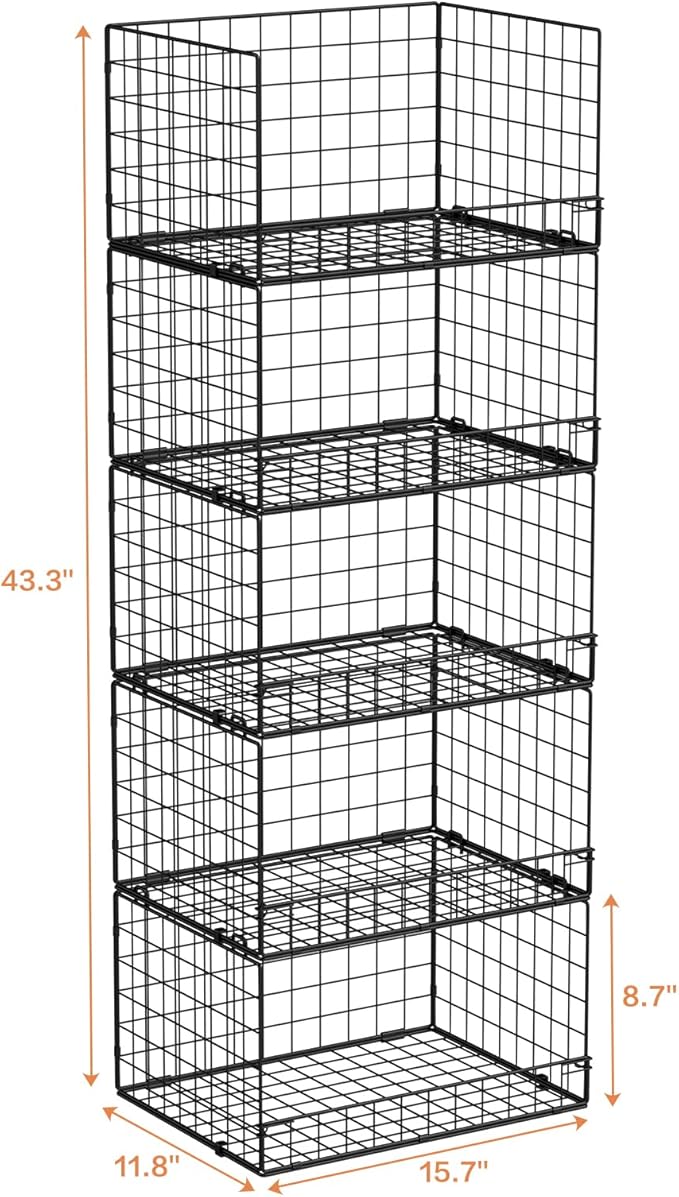 5-Tier Stackable Closet Organizers and Storage Shelves, Closet Shelf Organizer Basket Bins, Foldable Sweater Storage for Closet Organizer System, Black(Patent Pending)