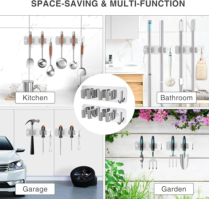 Mop Broom Holder Wall Mounted SUS304 Stainless Steel, Mop Broom Organizer with 2 Installation Methods (No Drilling&Screw Drilling Installation 2 In 1), Mop Hanger Heavy Duty with Hooks, 2PCS-NeatNest
