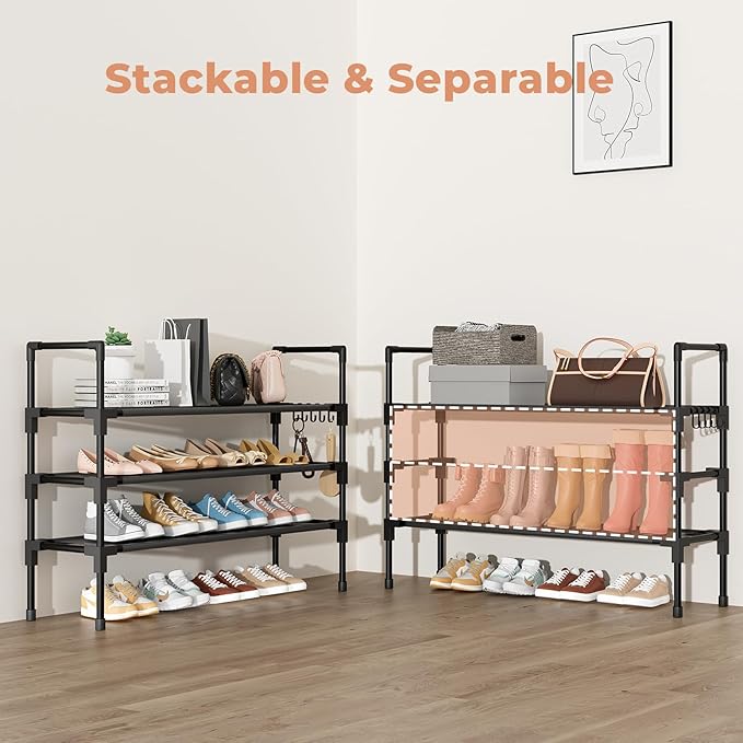 3 Tier Shoe Rack, Shoe Organizer Storage for 16-20 Pair Boot and Sneaker, Stackable Free Standing Shoe Shelf with Hooks and Side Pocket, Space Saving Shoes Rack for Closet, Entryway-NeatNest
