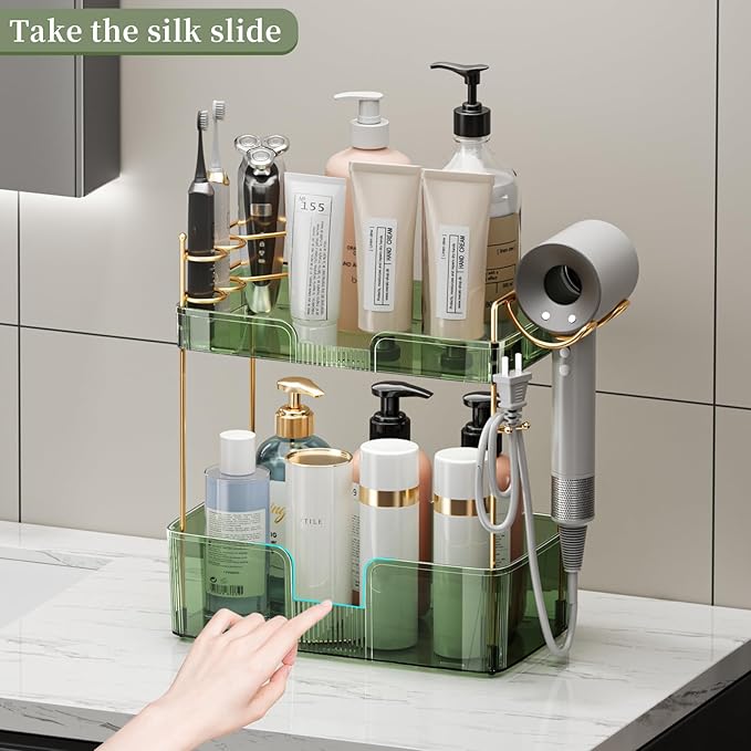 YCIA&DONE Luxury Bathroom Counter Organizer, Large Makeup Organizer Countertop, Shelf Organizer, Vanity Tray, Easily Assemble for Bathroom Organizers and Storage, Undersink, Cabinet, 2 Tiers Green-NeatNest