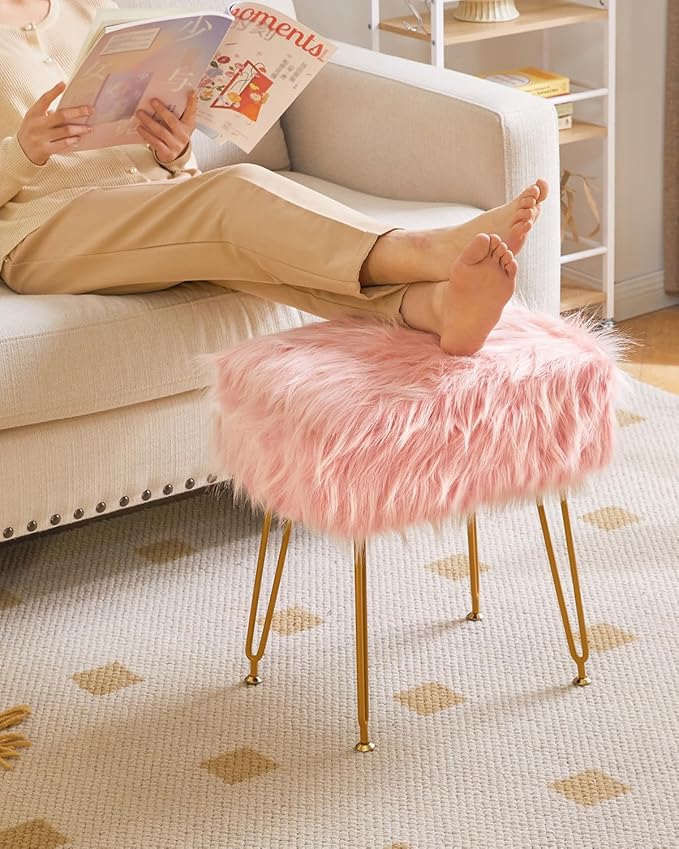 IBUYKE Rectangular Faux Fur Vanity Stool with Storage, Furry Makeup Chair Ottoman, Soft Padded Seat, Round Footrest Footstools with 4 Metal Legs, for Living Room Bedroom Entryway, Pink WBD022P