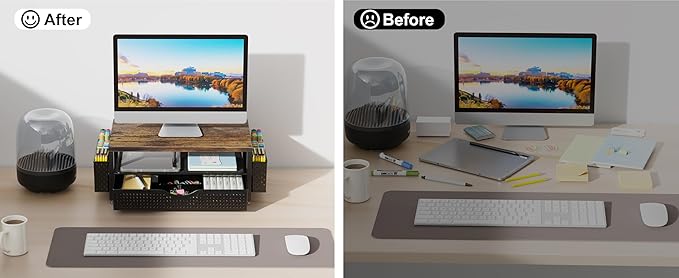 gianotter Wood Monitor Stand Riser, Office Desk Shelf Organizer, Desk Organizer with Drawer and Pen Holder, 2-Tier Computer Stand, Office Organization (Wood)-NeatNest