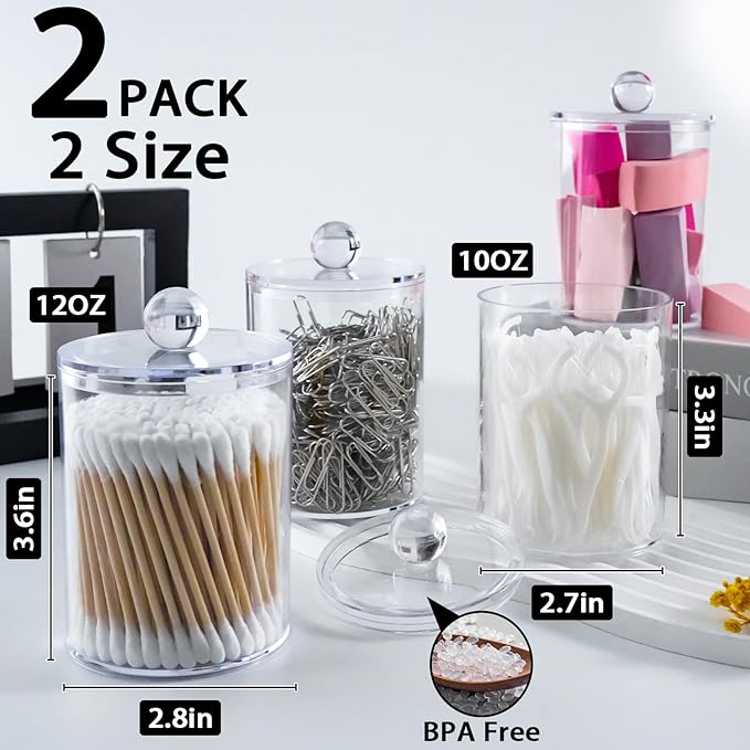2 PACK Qtip Holder-10 oz, 12 oz, Qtip Holder Dispenser for Bathroom Canister Storage Organization, Vanity Makeup Organizer, for Cotton Swabs, Balls, Pads, Floss Picks(Clear)