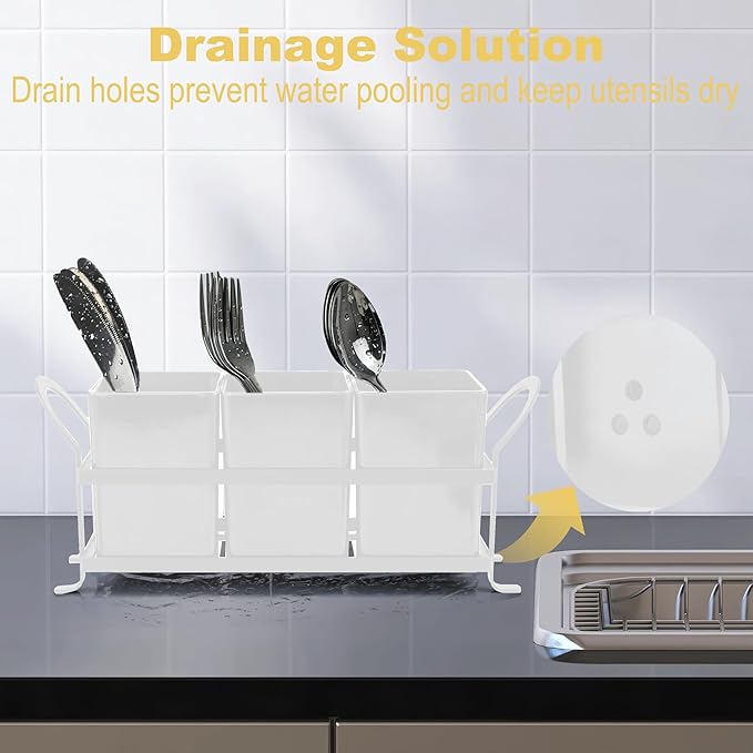 Cutlery Holder with Drain Holes, Silverware Caddy for Party, kitchen counter, 3pcs Bins Set Countertop Utensil Holder for Spoons, Forks and Knives, White-NeatNest