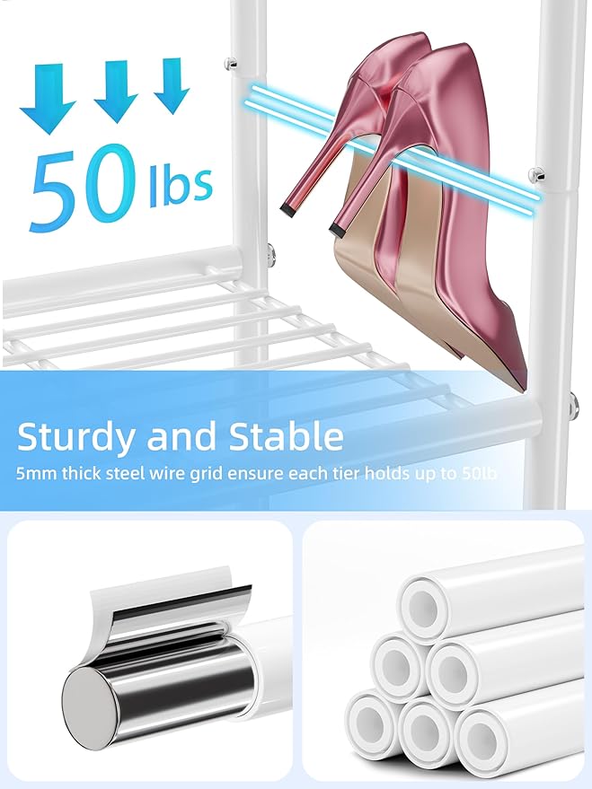 6-Tier Shoe Rack, 27" Wide Shoe Organizer for Closet, 24 Pairs Large Metal Shoe Shelf, Entryway, Bedroom, White-NeatNest