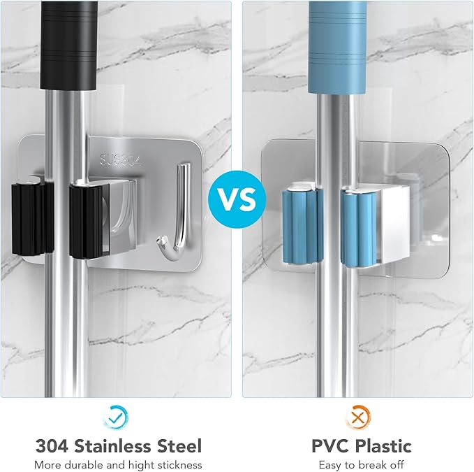 Mop Broom Holder No Drill, Mop Broom Organizer Wall Mounted Heavy Duty with Hooks Hanger, Self Adhesive Stainless Steel 4Pcs for Bathroom, Kitchen, Office (Silver)-NeatNest