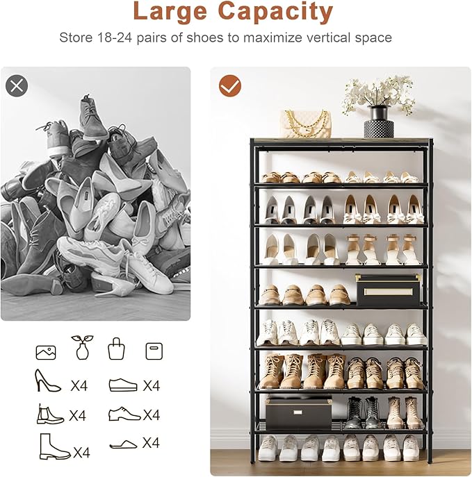 8-Tier Tall Shoe Rack Organizer Shoe Storage for Entryway 24-32 Pairs Metal Shoe Rack for Closet Heavy-Duty Shoe Rack with Wooden Top Shelf for Garage Gray-NeatNest
