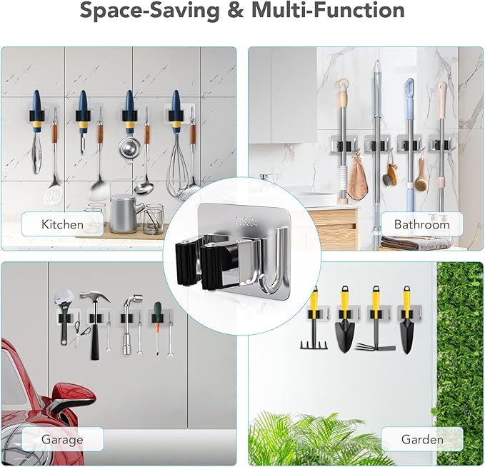 Mop Broom Holder No Drill, Mop Broom Organizer Wall Mounted Heavy Duty with Hooks Hanger, Self Adhesive Stainless Steel 4Pcs for Bathroom, Kitchen, Office (Silver)-NeatNest