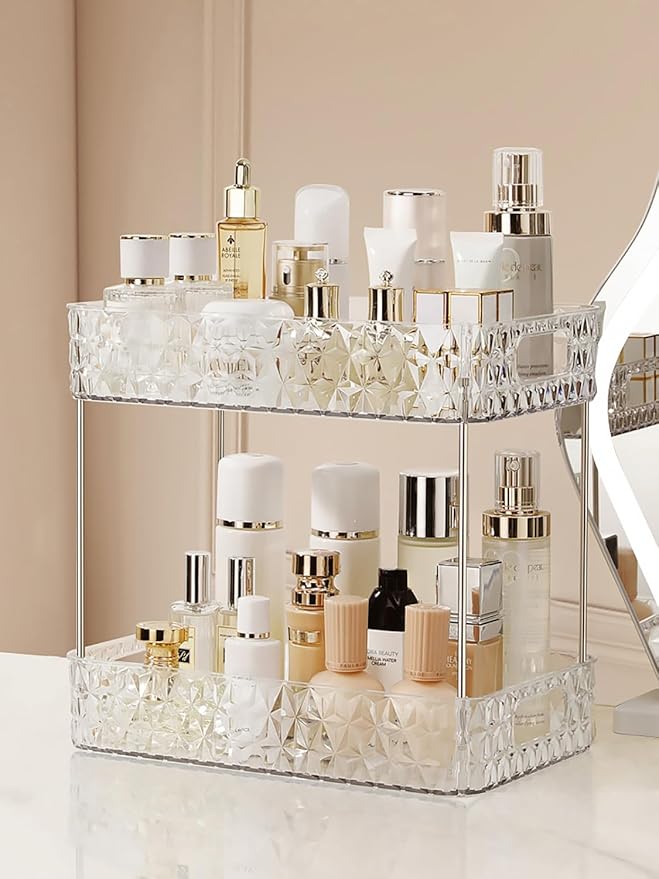 Makeup Organizer for Vanity,Bathroom Countertop Skincare Organizer,Makeup Counter Shelf Perfume Holder Rack,Cosmetic Display Case (Clear, 2 Tier)-NeatNest