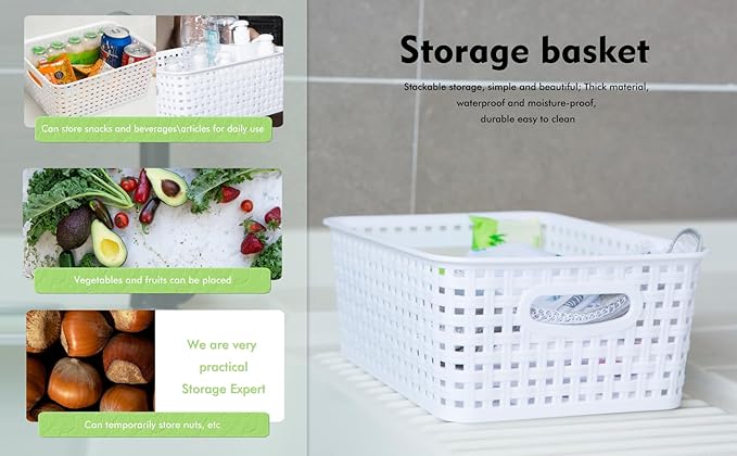 White Plastic Woven Storage Baskets, 12-Pack Weave Basket Organizer for Kitchen Office Bathroom