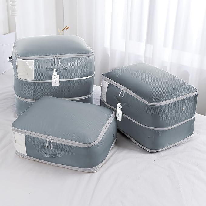 Comforter Storage Bag - Large Capacity Blanket Storage Bags 3-Layer Ultra Space Saving Self Compression Organizer, Washable Compression Bags for Storage Comforter Blanket, 4-Pack, Grey-NeatNest
