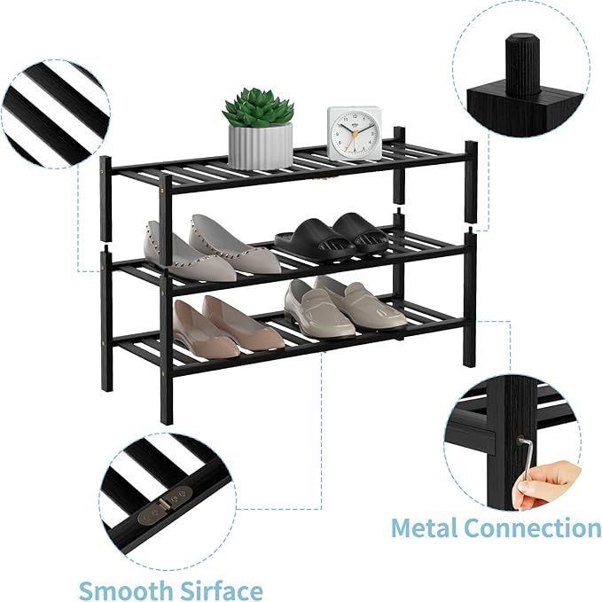 Shoe Rack, 3 Tier Bamboo Shoe Rack for Closet, Stackable Wooden Shoe Organizer, Free Standing Wood Shoe Shelf for Entryway Small Space, 27" x 11" x 20", Black-NeatNest