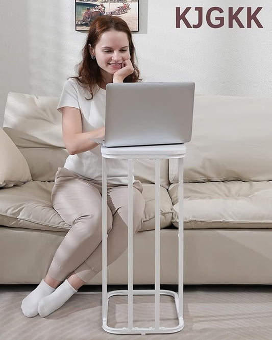 C Shaped End Table, 27 Inches High Small Side Table for Sofa and Bed, Couch Table That Slides Under, Tall Tv Tray Table for Living Room, Bedroom, Metal Frame, Snow White-NeatNest