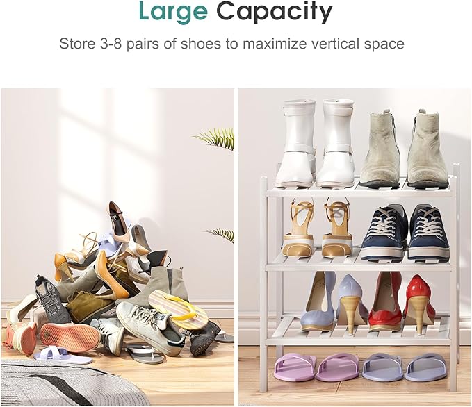 Small Shoe Rack for Entryway, White Shoe Organizer for Closet, Bamboo Wood Standing Shoe Shelf for Indoor Outdoor (White, 3-Tier_Samll)-NeatNest