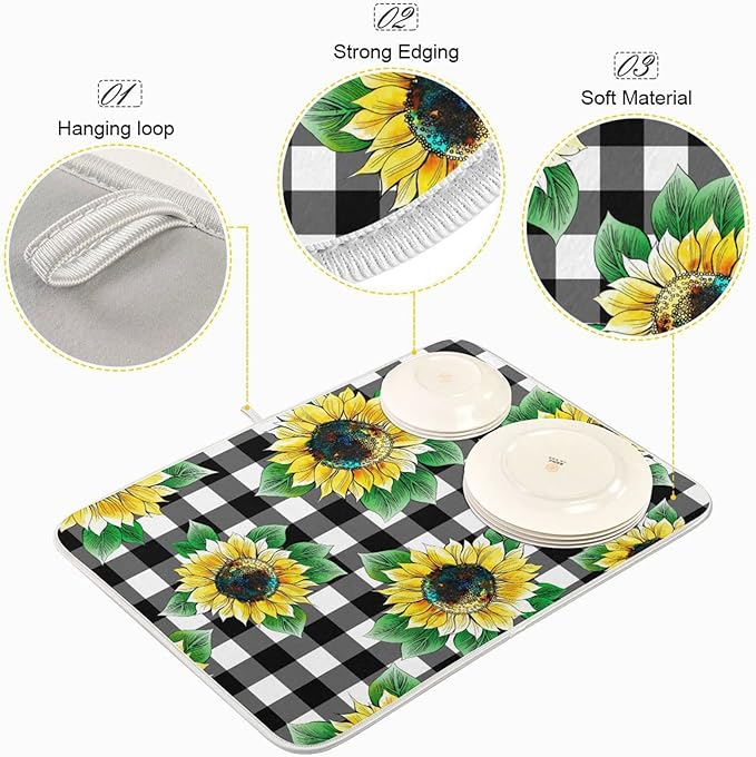 Absorbent Dish Drying Mat for Kitchen Counter - Sunflower Lattices Vintage Microfiber Drying Pad, Reversible Drainer Mats for Countertop, Large 18" x 24"
