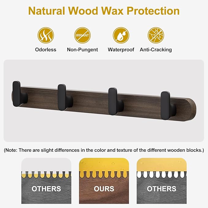 Coat Rack Wall Mount,Solid Walnut Wall Mounted Coat Rack with 4 Heavy Duty Wall Hooks for Hanging Coats,Backpacks,Towels,etc. Coat Hooks Wall Mount for Entryway, Bathroom,etc, Walnut+Black-NeatNest