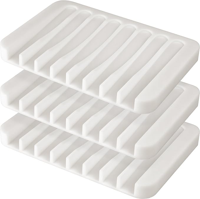 Anwenk Soap Dish Soap Holder Tray Saver Drainer for Shower Bathroom,Silicone Soap Dish Waterfall & Anti-Slip Design, White, 3 Pack-NeatNest