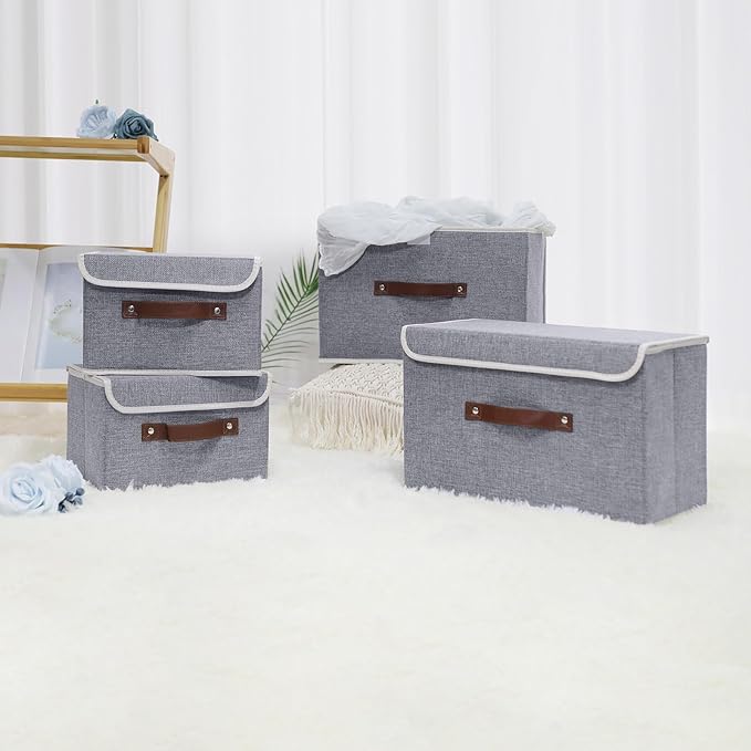 ANMINY 4PCS Storage Bins with Lid PU Leather Handles Storage Boxes PP Plastic Board Decorative Foldable Lidded Cotton Linen Fabric Home Cubes Baskets Closet Organizer Containers - Gray, Large Size-NeatNest