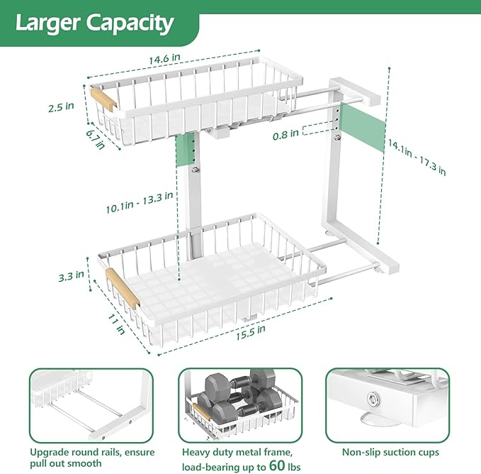 ADRIMER Under Sink Organizer 2 Packs, Pull Out Kitchen Sink Organizer, 2 Tier Slide Out Kitchen Organizers and Storage Bathroom Under Cabinet Storage Shelf, White-NeatNest