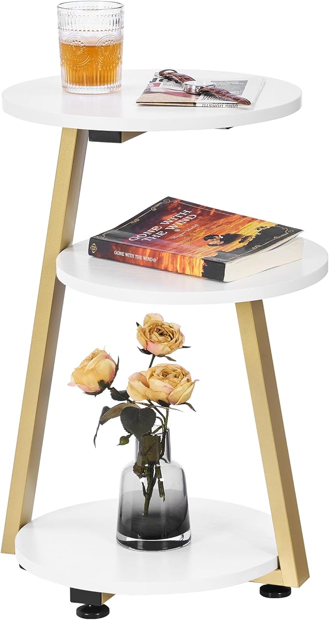 BEWISHOME Round End Table Side Table with Metal Frame, Accent Bedside Table Nightstand with 3-Tier Shelves, Small Couch Table for Living Room Bedroom White Gold KTZ41M-NeatNest