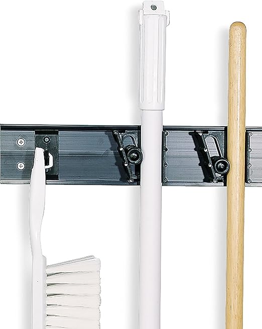 Carlisle FoodService Products Roll 'N Grip Plastic Broom Holder Wall Mount, Bathroom Organizer, Kitchen Organizer with Quick Release for Kitchen, Restaurant, Home, 1.75 Inches, Black, (Pack of 12)-NeatNest