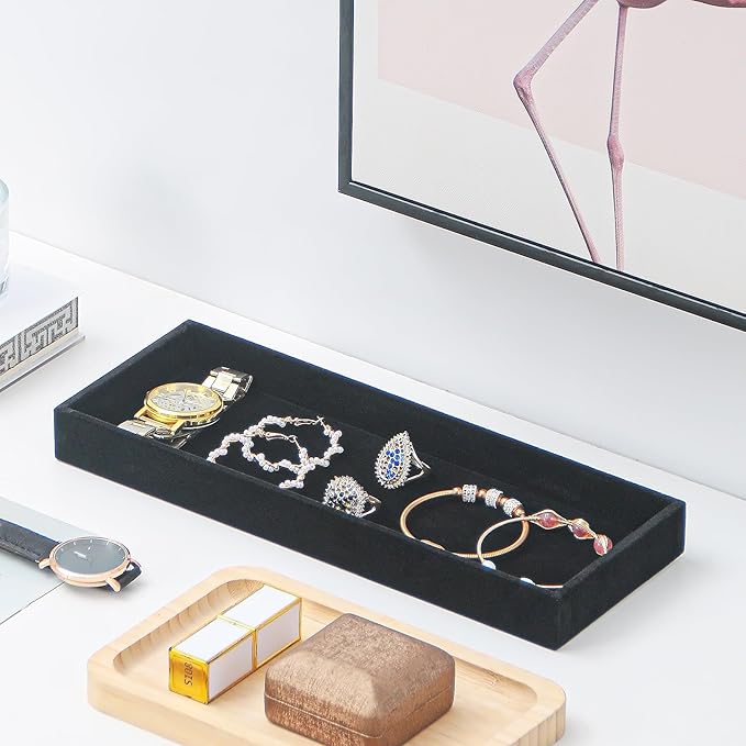 Divided Drawer Organizer Tray, Velvet Jewelry Storage Tray, Necklace Bracelet Ring Earring Display Tray,Bedside Nightstand Desk Holder Tray for Phone Watch Sunglasses Cosmetics Storage/Black/1grid-NeatNest