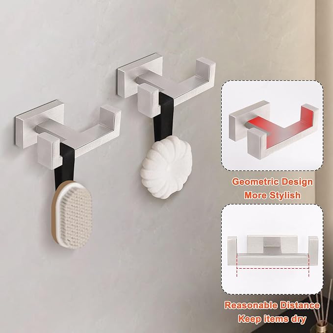 HarJue Bath Towel Hooks, 304 Stainless Steel Robe Towel Hanger Heavy-Duty Rustproof Coat Hook for Bathroom and Kitchen-Wall Mounted, Double Towel Holder (Brushed Nickel,2 Pack-Square)