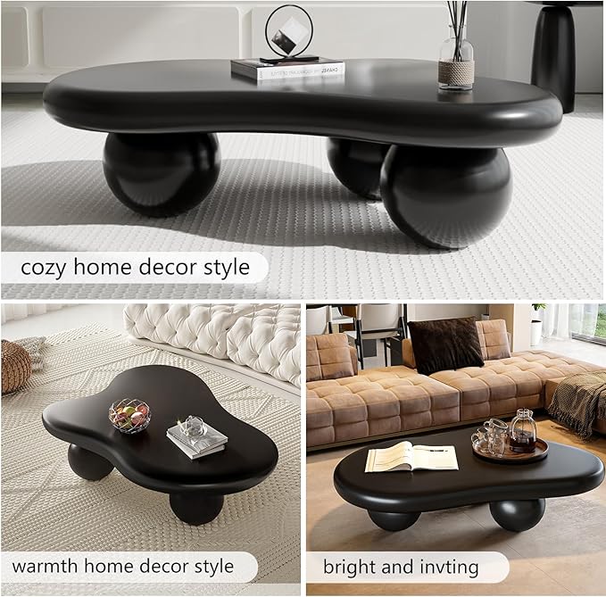 Cloud-Shape Cute Coffee Table Black Irregular Coffee Table with 3 Short Legs Modern Live Round Edge Coffee Table for Living Room Bedroom Easy Assembly,Cloud b Black 39.4"-NeatNest