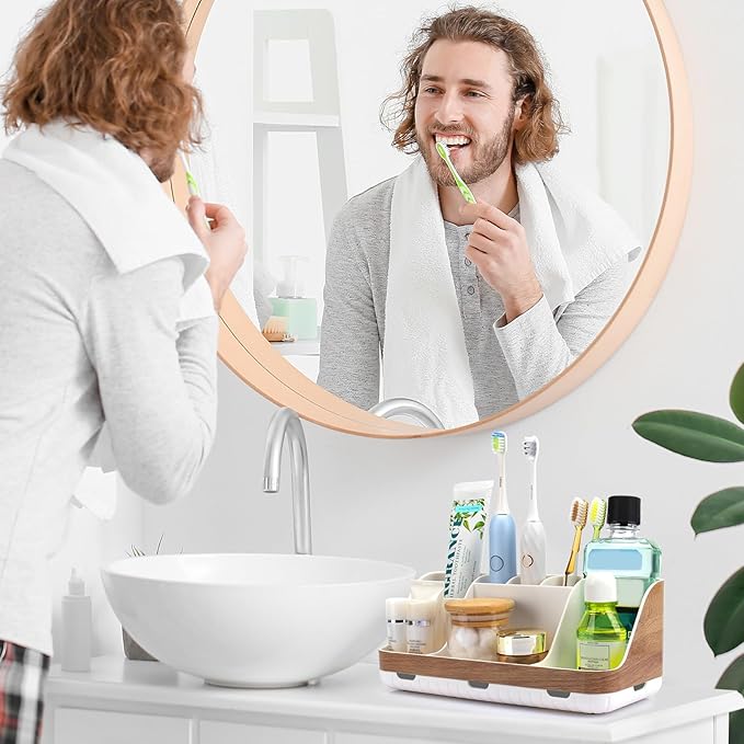 Bathroom Countertop Organizer - Detachable 7 Slots Kids Electric Toothbrush and Toothpaste Holde Drainage for Bathroom Accessories Organization Counter Vanity Storage, Woodgrain-NeatNest