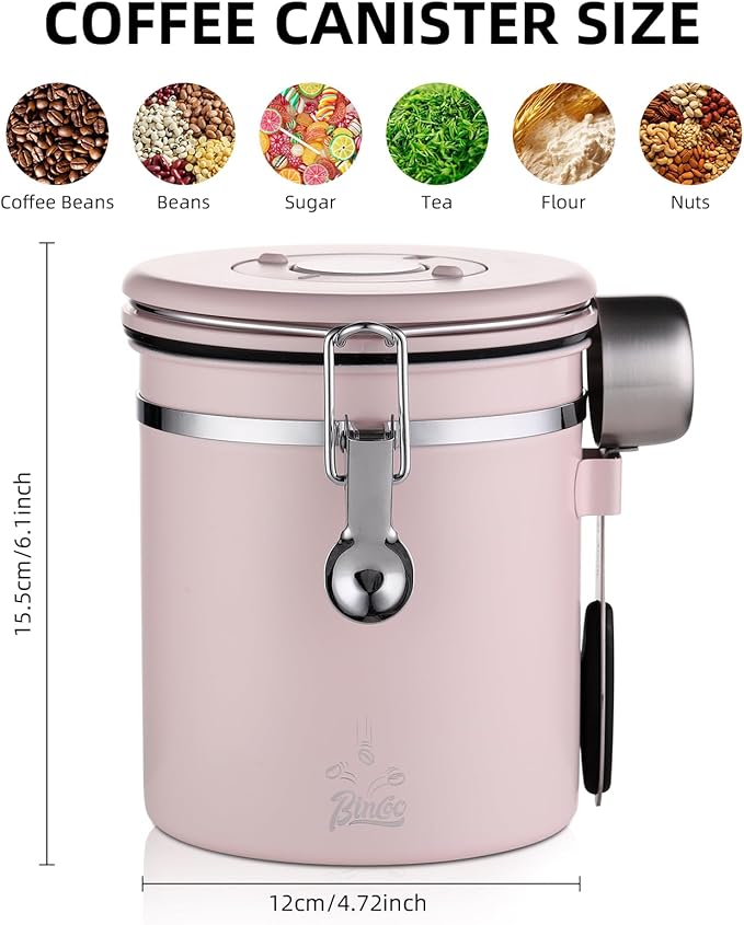 Bincoo Premium Pink Coffee Canister, 1500ml/18oz Large Airtight Stainless Steel Coffee Bean Storage Container with Date Tracker & Scoop (1500ML)-NeatNest