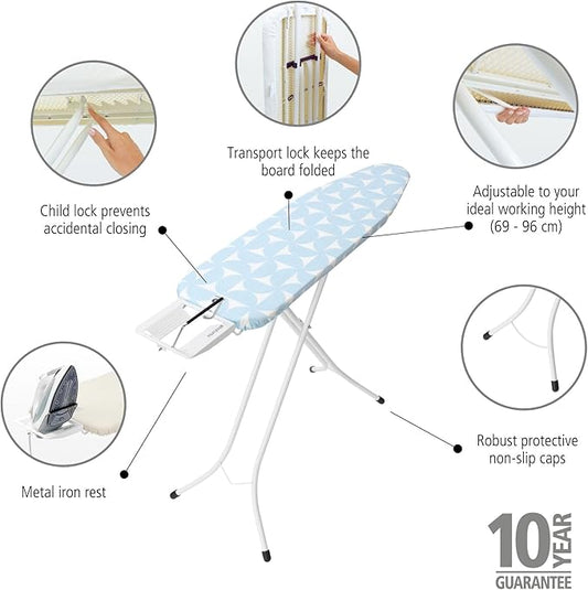Brabantia Size A Compact Small Ironing Board (43x12 in) 7 Height Options, Adjustable Steam Iron Rest Holder (Fresh Breeze) Non-Slip Feet, Anti-Collapse Child Locks-NeatNest