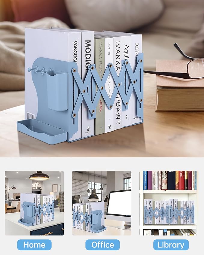 Honagu Adjustable Bookends, Metal Book Ends for Shelves Heavy Book, Desk Magazine File Organizer for Home, Office, Books, Papers with Removable Hook, Pen Holder(Dark Blue)