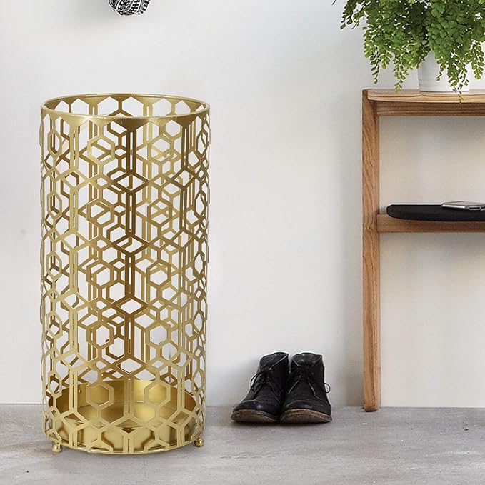 Adeco Metal Umbrella Stand Rack Holder Organizer Entryway Freestanding, for Canes, Walking Sticks, Gold Color