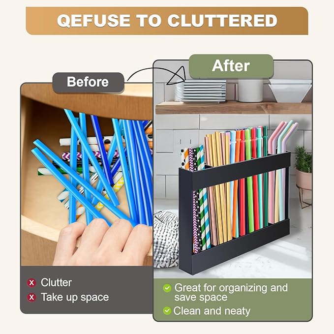 Acrylic Straw Holder Dispenser with Double Sided Adhesive Tape Reusable Tumbler Lid Straw Organizer Storage Container for Counter Cabinet Cupboard Kitce (Black)