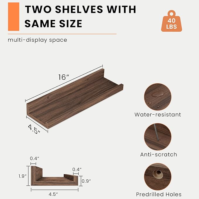 Heimlove Picture Ledge Shelf, Small Floating Shelves Set of 2, 16 Inches Picture Shelf for Wall with Ledge, Kids Bookshelf Wall Mounted for Living Room Bedroom Decor Books Photo Frames, Walnut-NeatNest