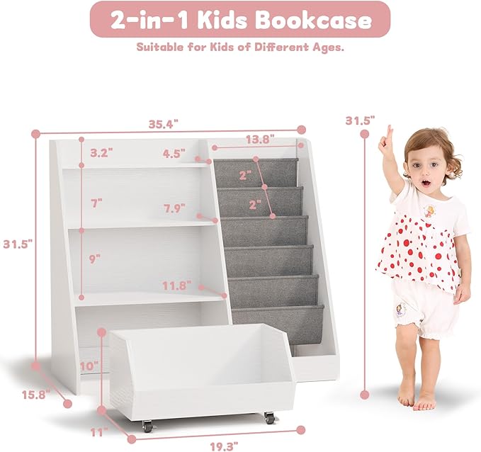 COZPAW Kids Bookshelf and Toy Storage, 4 Tier Toddler Bookshelf with Movable Drawer 5 Sling Pockets, Montessori Book Shelf for Kids Room, Playroom, Nursery (White)-NeatNest
