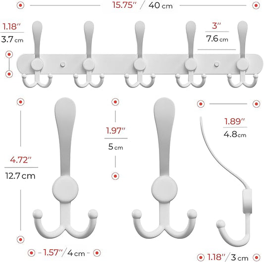 Coat Rack Wall Mount with 5 Tri Hooks, Stainless Steel 16 Inch – White Matte Finish, Heavy Duty Wall Mounted Hook Rack for Coats, Hats, Towels, Scarfs, Robes, Bags, Entryway & Bathroom-NeatNest