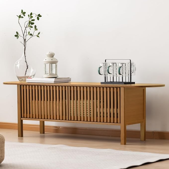 Bamboo TV Stand for TVs up to 65", Accent Entertainment Center with Storage, Media Console Table with Fence Door, Modern TV Stand for Living Room, Bedroom, 55"(L), Walnut-NeatNest