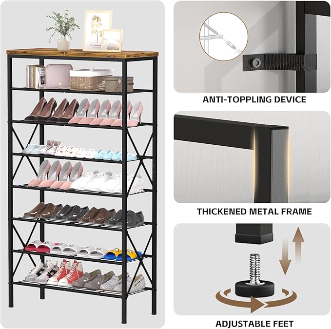 8 Tiers Tall Shoe Rack Organizer, Large Capacity Shoe Rack Holds 32 Pairs of Shoes, Durable and Stable, Adjustable Metal Shelf Stackable Shoe Shelf for Entryway, Hallway, Living Room, Closet-NeatNest
