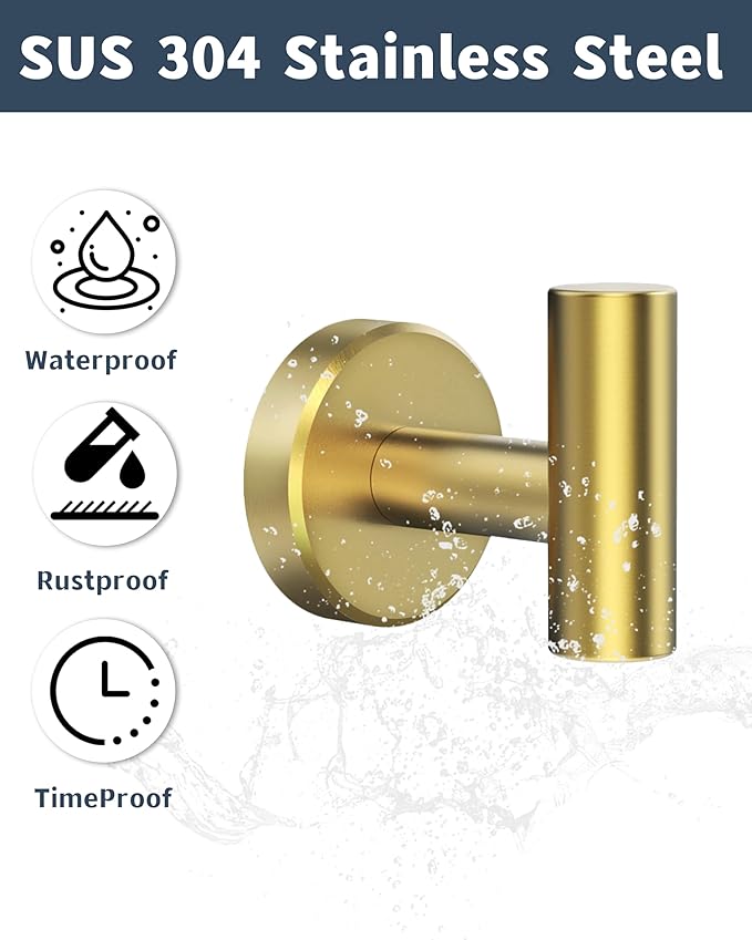 Bathroom Towel Hook, Coat Robe Clothes Hook for Kitchen Garage Wall Mounted, 304 Stainless Steel, Heavy Duty Door Hanger, Cabinet Closet Wall Hook for Hotel Pool (Brushed Gold, 4 Pack)