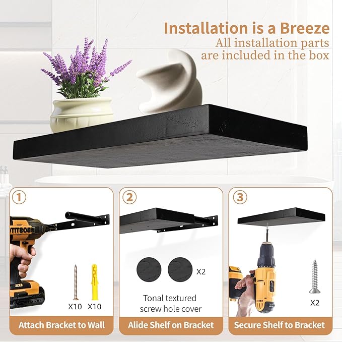 Floating Shelves 15.7in for Wall Black Solid Wood Floating Shelves Bathroom Floating Shelf for Bedroom Kitchen Living Room-NeatNest