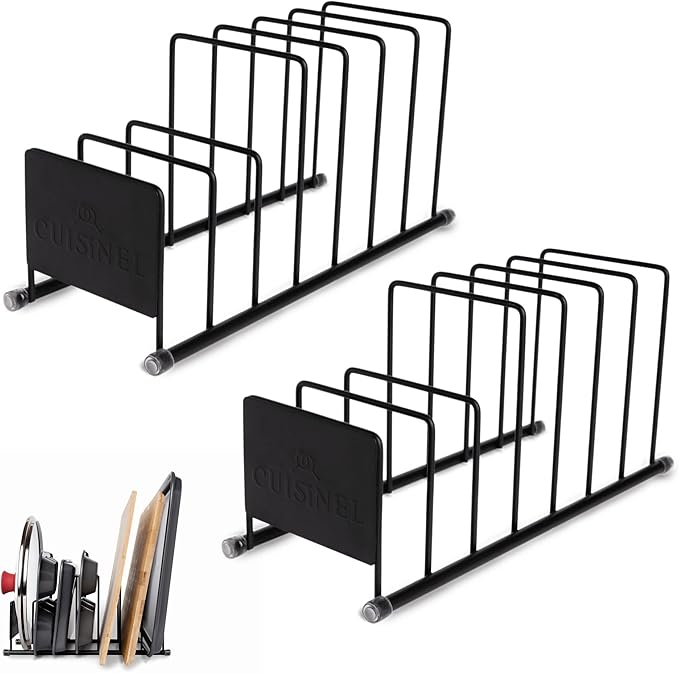 Cuisinel Lid and Dish Organizer Rack - 2-Pack Matte Black Kitchen Storage Organization Stand - Plate Holder, Pan/Pots Covers, Cutting Board and Cookie Sheet Divider - 7-Tier Cabinet/Counter Display-NeatNest