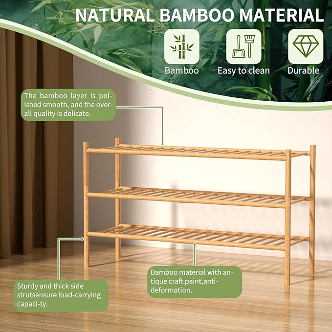 3-Tier Bamboo Long Shoe Rack, Free Standing Wood Shoe Shelf Storage Organizer for Closet Entryway Stackable 35"x11"x20" (Natural)-NeatNest
