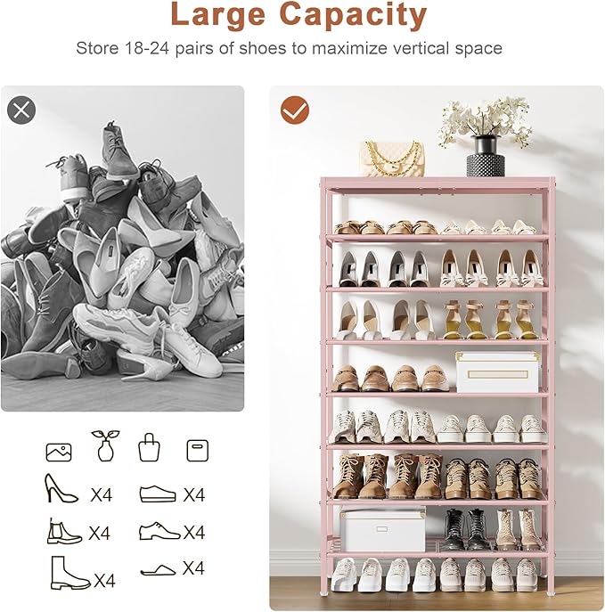 8-Tier Tall Shoe Rack Organizer Shoe Storage for Entryway 24-32 Pairs Metal Shoe Rack for Closet Heavy-Duty Shoe Rack with Wooden Top Shelf for Garage Pink-NeatNest
