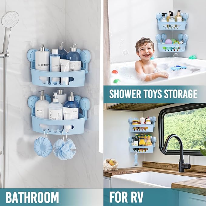 TAILI Suction Corner Shower Caddy, Bathroom Shelf Storage Basket Wall Mounted Organizer for Shampoo, Conditioner, Plastic Rack for Kitchen and Bathroom, Drill-Free Removable -Blue