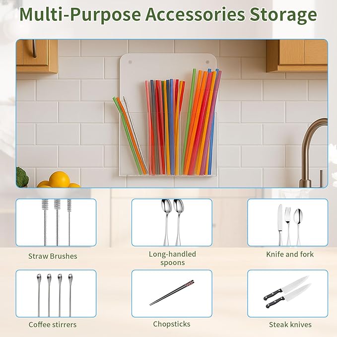 Acrylic Straw Holder for Cabinet, Large Capacity Thickened 9.4"x7.8" Adhesive Cabinet Door Organizer,Drinking Straws Dispenser,Organizer for Cupboard Reusable for Kitchen