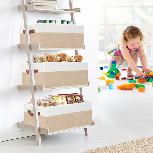 Closet Organizer Bins 3 Pack, Large Storage Bins for Shelves, Foldable Closet Storage Boxes Baskets with Leather Handles for Organizing Clothes, Sheets, Jeans, Toys, Books(Begie)-NeatNest